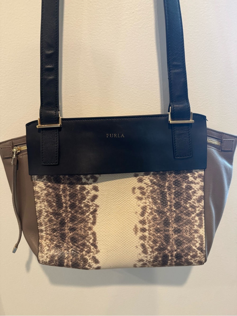 UNIQUE Furla Colorblock Snakeskin Embossed Leather Bag Taupe Black Cream NWOT